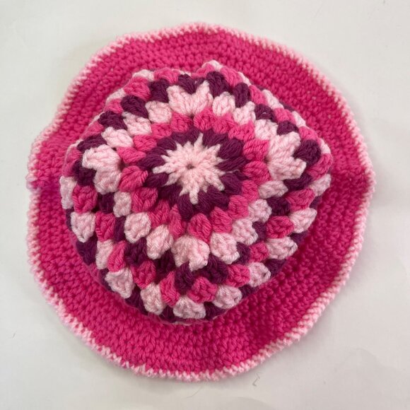 Crochet Bucket Hat Granny Square Pattern Pink and Burgundy Adult Size Handmade